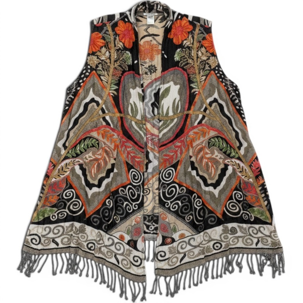 John Mark Womens XL Embroidered Floral Fringe Open Front Vest Boho Rayon Western